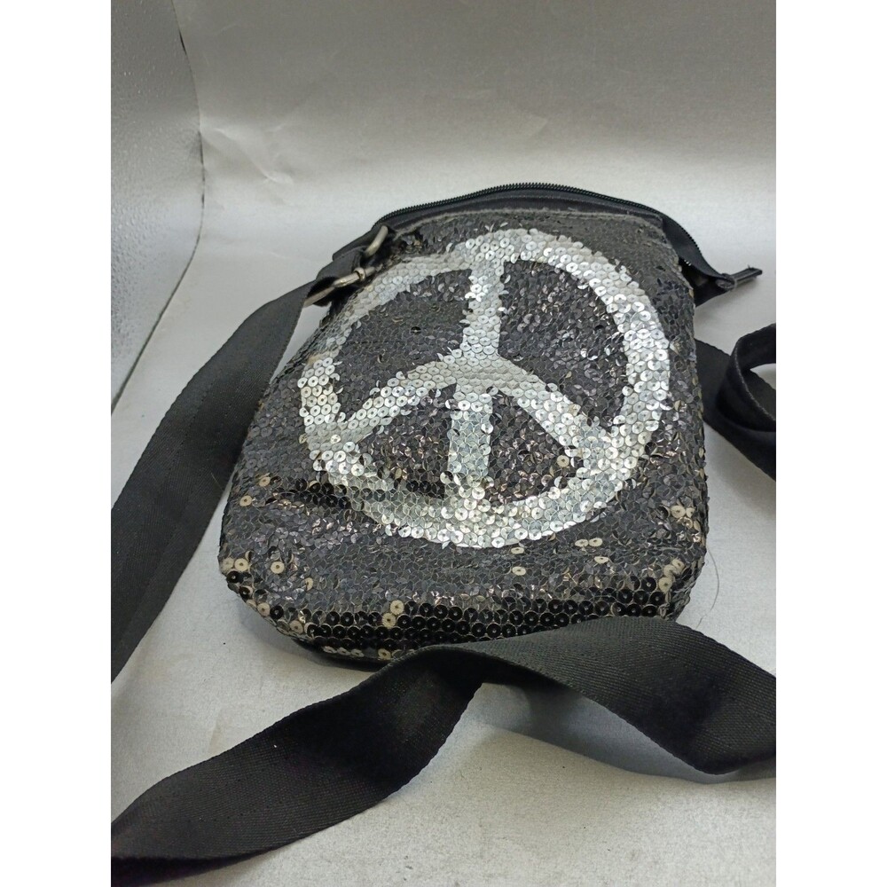 Fashion Express black and silver sequin peace sign crossbody bag